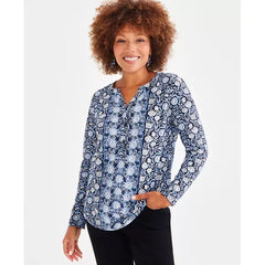 Women's Cotton Printed Henley Top, Created for Macy's-Border blue