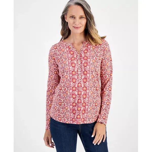 Women's Cotton Printed Henley Top, Created for Macy's-Border rose