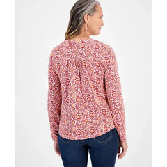 Women's Cotton Printed Henley Top, Created for Macy's-Border rose