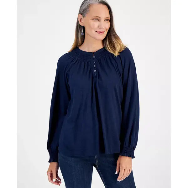 Women's Long-Sleeve Smocked-Shoulder Top, Created for Macy's-Industrial blue