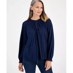 Women's Long-Sleeve Smocked-Shoulder Top, Created for Macy's-Industrial blue