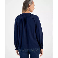 Women's Long-Sleeve Smocked-Shoulder Top, Created for Macy's-Industrial blue