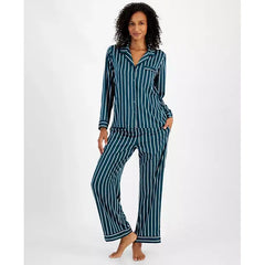 Women's 2-Pc. Piped-Trim Satin Pajamas Set, Created for Macy's-Dark Green Stripe