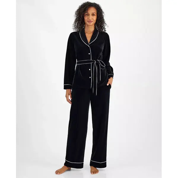 Women's 2-Pc. Velvet Shawl-Collar Pajama Set with Detachable Belt, Created for Macy's-Deep Black