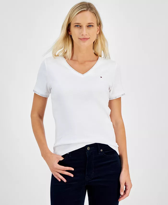 Macy's Women's Embellished V-Neck Cotton T-Shirt-White