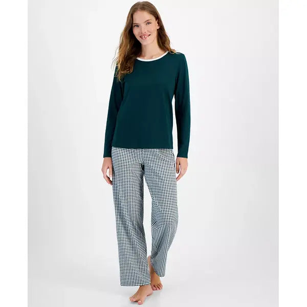 Women's 2-Pc. Long-Sleeve Pajamas Set, Created for Macy's-Gingham Check Green