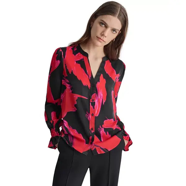 Macy's Women's Printed Blouson-Sleeve Button-Front Shirt-Blk/red li