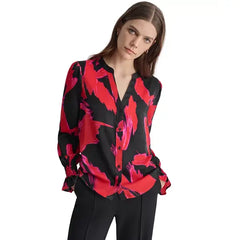 Macy's Women's Printed Blouson-Sleeve Button-Front Shirt-Blk/red li