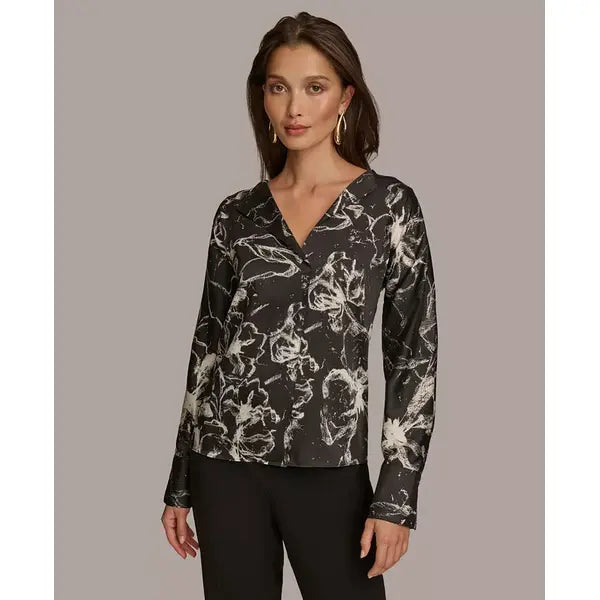 Macy's Donna Karan Women's Printed V-Neck Blouse-Black multi