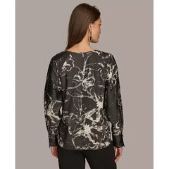 Macy's Donna Karan Women's Printed V-Neck Blouse-Black multi