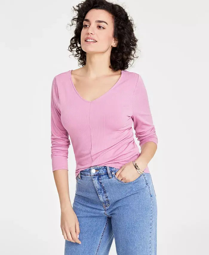 Women's Long-Sleeve Rib Double V-Neck Top, Created for Macy's-Mauve orchid
