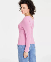 Women's Long-Sleeve Rib Double V-Neck Top, Created for Macy's-Mauve orchid