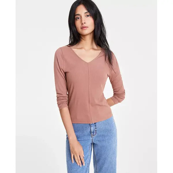 Women's Long-Sleeve Rib Double V-Neck Top, Created for Macy's-Myrestica