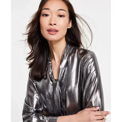 Anne Klein Womens Metallic Scarf Neck Buttoned Cuff Top, Elegant Shiny Blouse for Evening Wear, LIQUID GUNMETAL , Size XL