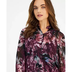 Anne Klein Womens Printed Long Sleeve Button Front Shirt, Stylish Shirt for Office or Everyday Wear, Anne Black , Size XXS