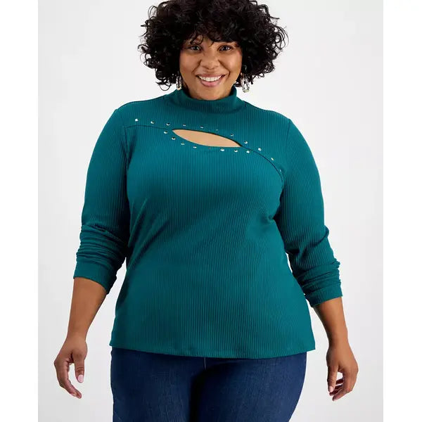 Women's Studded Cut-Out Mock-Neck Top, XS-3X, Created for Macy's-Green tourmaline