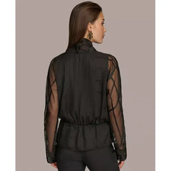 Macy's Donna Karan Women's Burnout Faux-Wrap Long-Sleeve Top-Black