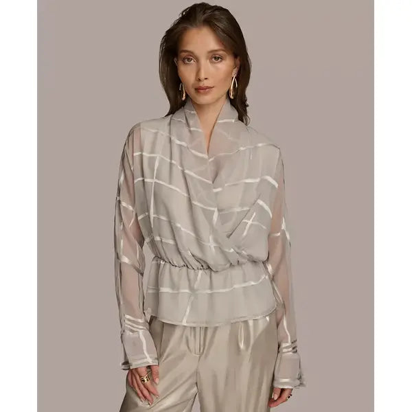 Macy's Donna Karan Women's Burnout Faux-Wrap Long-Sleeve Top-Pavement