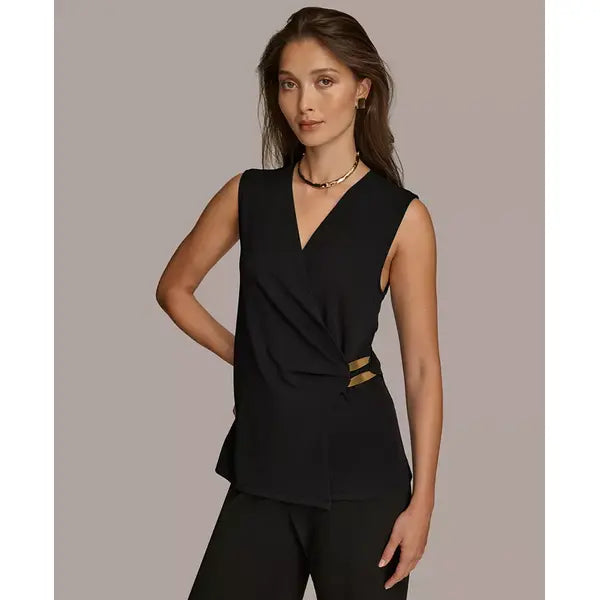 Macy's Donna Karan Women's Sleeveless Faux-Wrap Blouse-Black