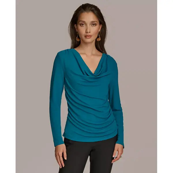Macy's Donna Karan Women's Long-Sleeve Cowl-Neck Blouse-Empire teal
