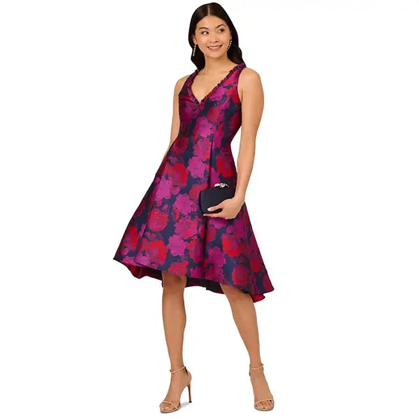 Adrianna Papell Womens Floral Jacquard High Low Hem Dress, Elegant for Formal Occasions