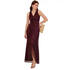 Adrianna Papell Women's Metallic Ruffled Sleeveless Faux Wrap Gown, Perfect for Glamorous Evenings