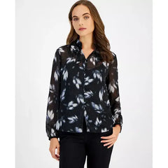 Anne Klein Womens Printed Long Sleeve Button Front Shirt for Work or Casual Wear , Size XXS