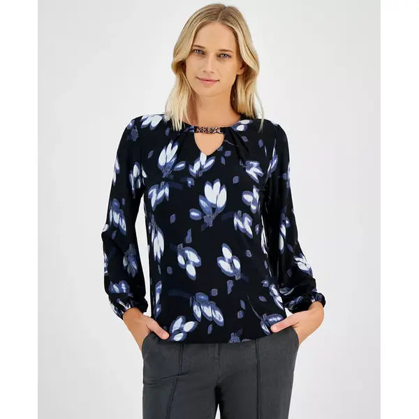 Anne Klein Womens Printed Keyhole Blouson Sleeve Blouse, Stylish Lightweight Top, MIDNIGHT DUSK