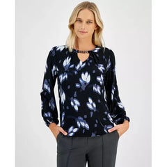 Anne Klein Womens Printed Keyhole Blouson Sleeve Blouse, Stylish Lightweight Top, MIDNIGHT DUSK