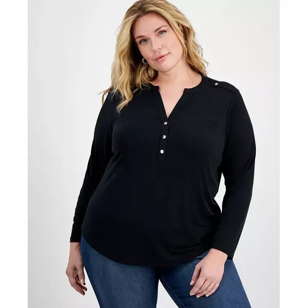 Plus Size Long-Sleeve Top, Created for Macy's-Deep Black