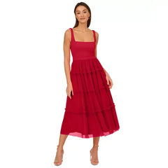 Adrianna Papell Women's Square Neck Midi Mesh Dress for Elegant and Modern Style