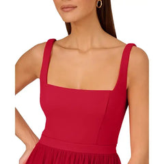Adrianna Papell Womens Square Neck Midi Mesh Dress, Modern Style for Elegant Occasions