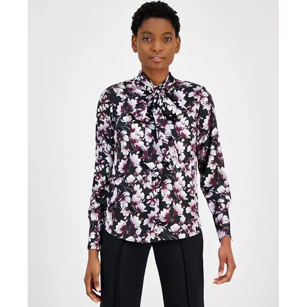 Anne Klein Womens Printed Tie Neck Button Front Blouse for Office or Casual Wear, Anne Black