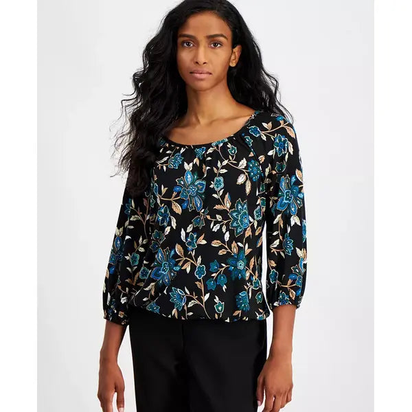 Anne Klein Petite Floral Print 34 Sleeve Top, Lightweight Stylish Blouse, Floral Multi , Size PXXS
