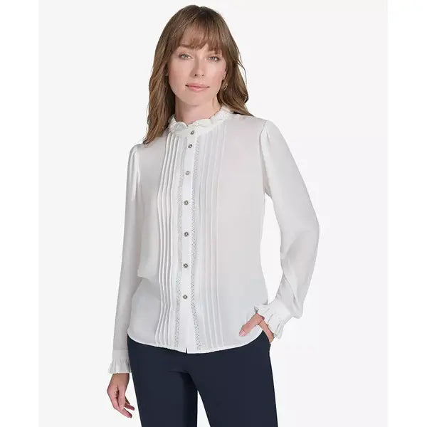 Macy's Women's Lace-Trim Ruffled Blouse-Lvory