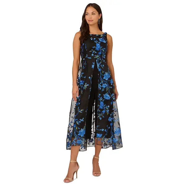 Adrianna Papell Women's Embroidered Mesh Overlay Jumpsuit for Stylish Occasions, Blue Multi