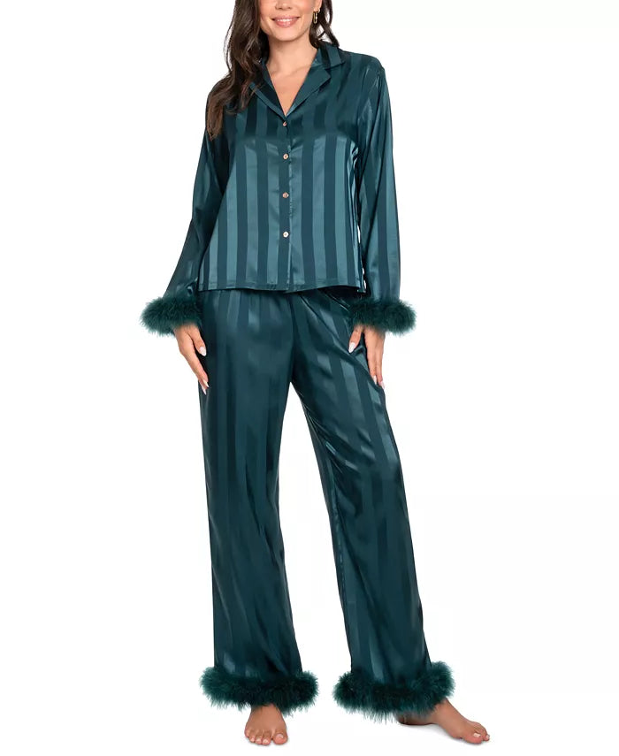 Macy's Women's 2-Pc. Satin Feather-Trim Pajamas Set-Pine