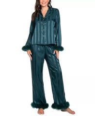 Macy's Women's 2-Pc. Satin Feather-Trim Pajamas Set-Pine
