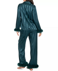 Macy's Women's 2-Pc. Satin Feather-Trim Pajamas Set-Pine