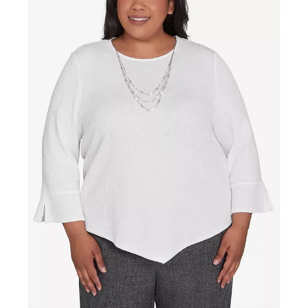 Alfred Dunner Plus Size Worth Avenue Crew Neck Solid Textured Top With Necklace, Ivory