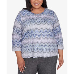 Alfred Dunner Plus Size Worth Avenue Crew Neck Lace Textured Three Quarter Sleeve Top, Grey