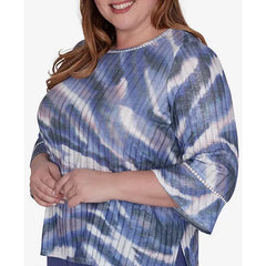 Alfred Dunner Plus Size Worth Avenue Watercolor Animal Stripe Bell Sleeve Top, Multi Purple