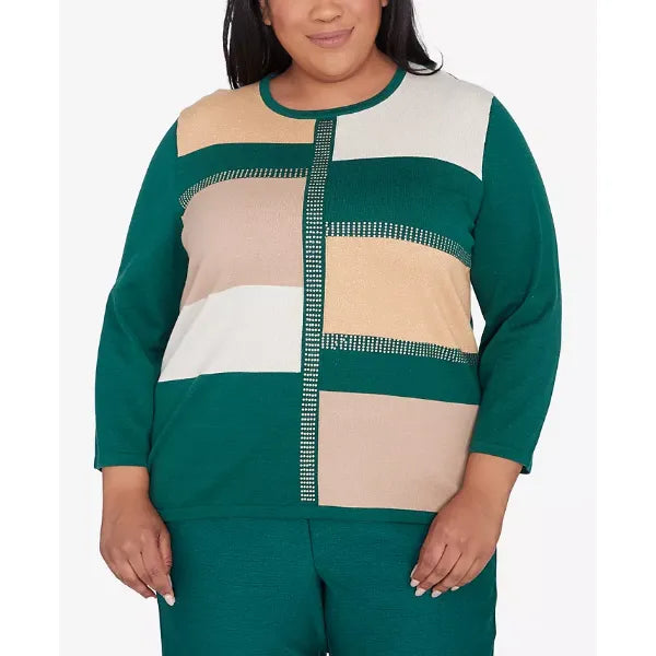 Alfred Dunner Plus Size Emerald Isle Colorblock Gold Trim Sweater, Multi Green