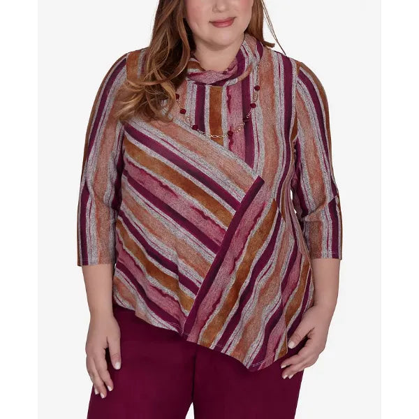 Alfred Dunner Plus Size Wine Country Spliced Stripe Cowl Neck Top With Necklace, Multi Red
