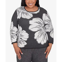 Alfred Dunner Plus Size Worth Avenue Bold Floral Textured Sweater, Charcoal