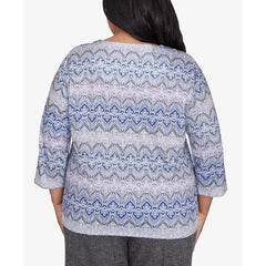 Alfred Dunner Plus Size Worth Avenue Crew Neck Lace Textured Three Quarter Sleeve Top, Grey