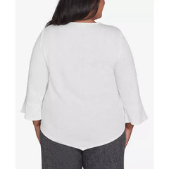 Alfred Dunner Plus Size Worth Avenue Crew Neck Solid Textured Top With Necklace, Ivory