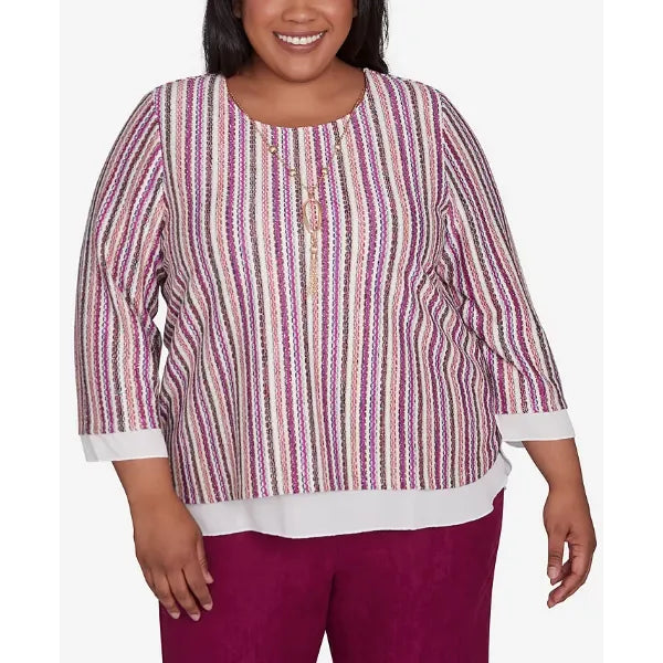 Alfred Dunner Plus Size Wine Country Metallic Stripe Top With Necklace, Multi Red