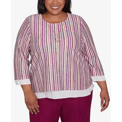 Alfred Dunner Plus Size Wine Country Metallic Stripe Top With Necklace, Multi Red