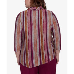 Alfred Dunner Plus Size Wine Country Spliced Stripe Cowl Neck Top With Necklace, Multi Red
